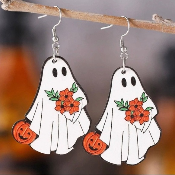 Spooky Halloween Ghost Earrings with Pumpkin and Flowers - Picture 1 of 4
